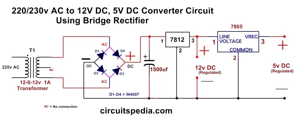 220v 230v AC to 12v DC 5v DC regulated Power supply circuit