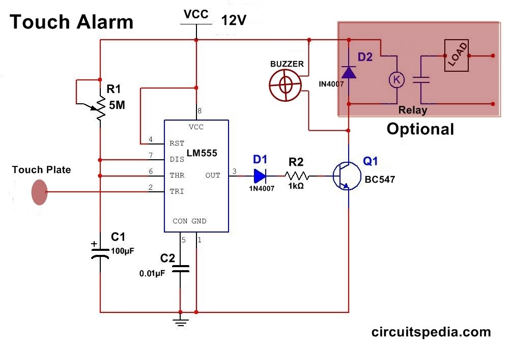 simple touch alarm circuit diagram