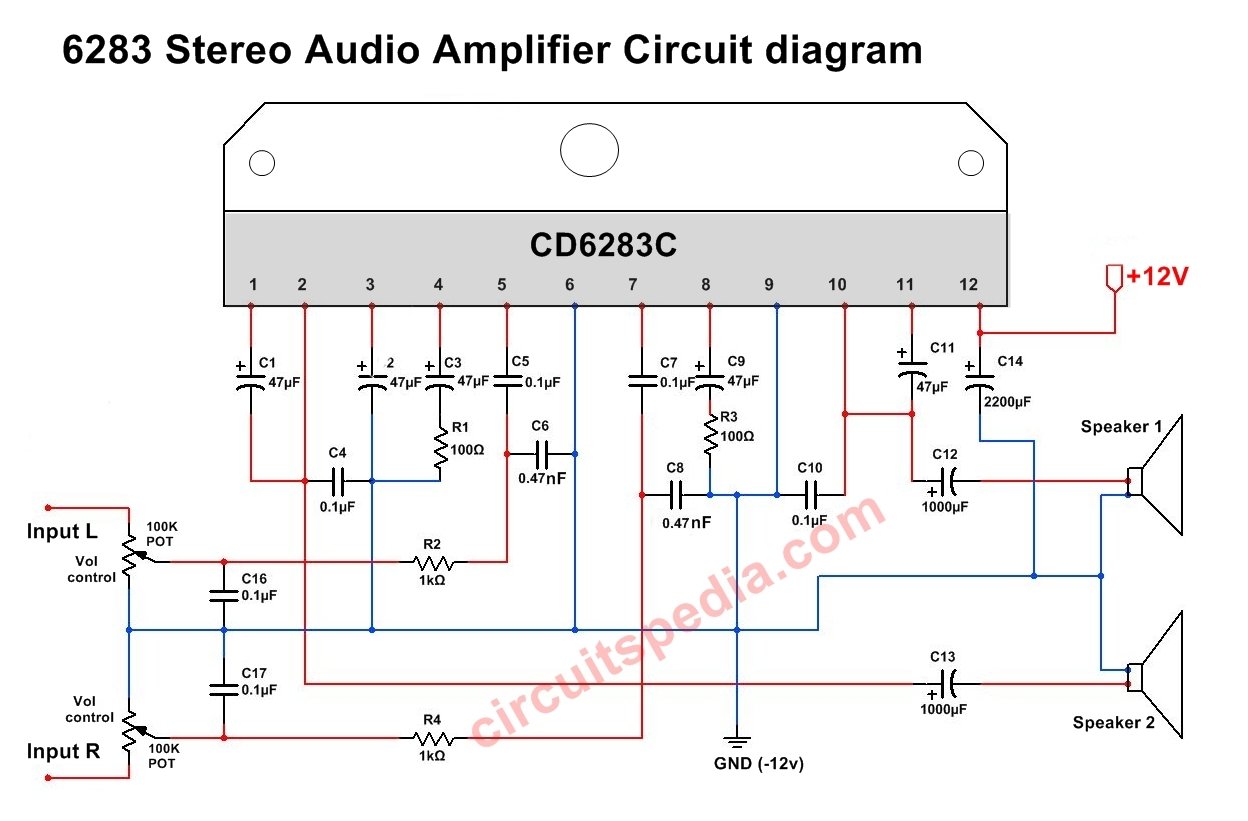 CD6283 Stereo Audio Amplifier circuit diagram
