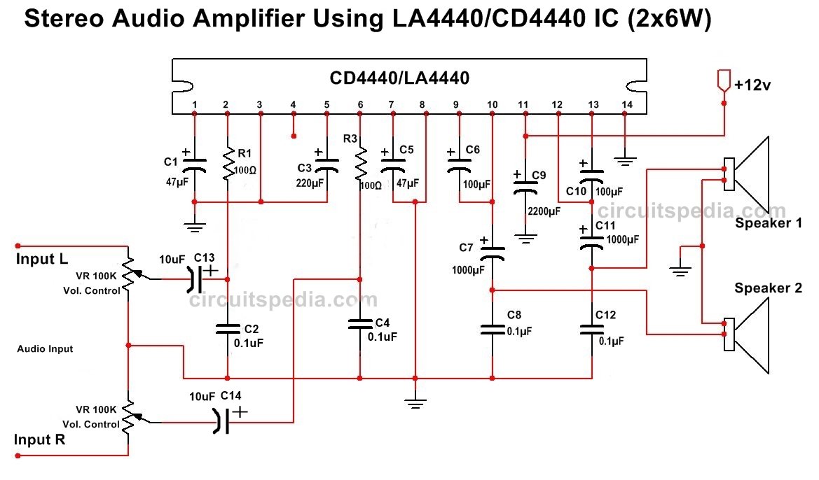 LA4440 CD4440 TDA4440 Stereo Audio Amplifier Circuit Diagram