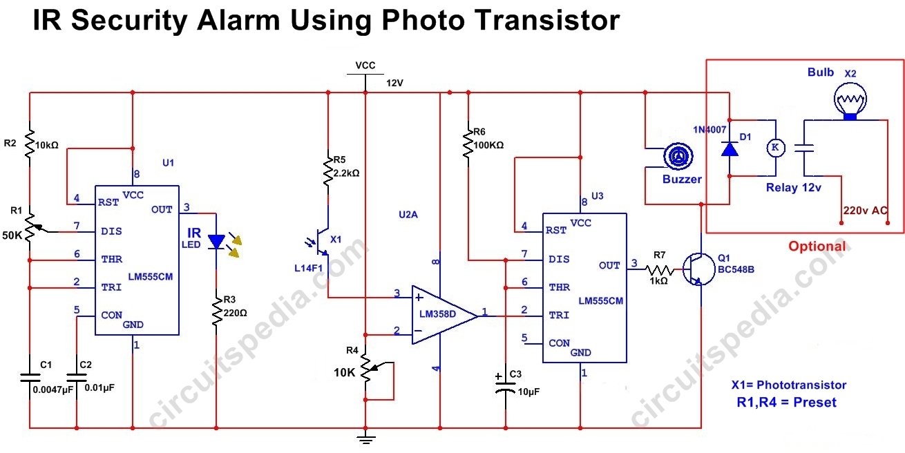 Infrared Door Security Alarm circuit diagram