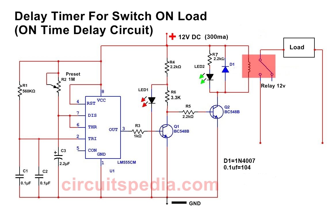 Power ON Time Delay Timer Circuit Diagram For Switch ON Any Load After Some Duration 