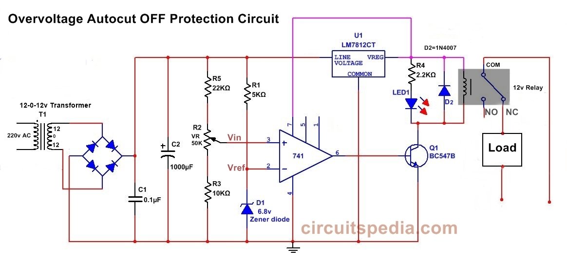 overvoltage protection cutoff circuit diagram using 741 opamp