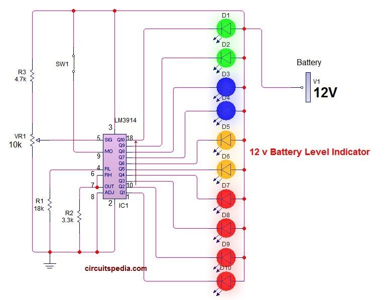 LM3914 12v battery charge voltage level indicator circuit diagram