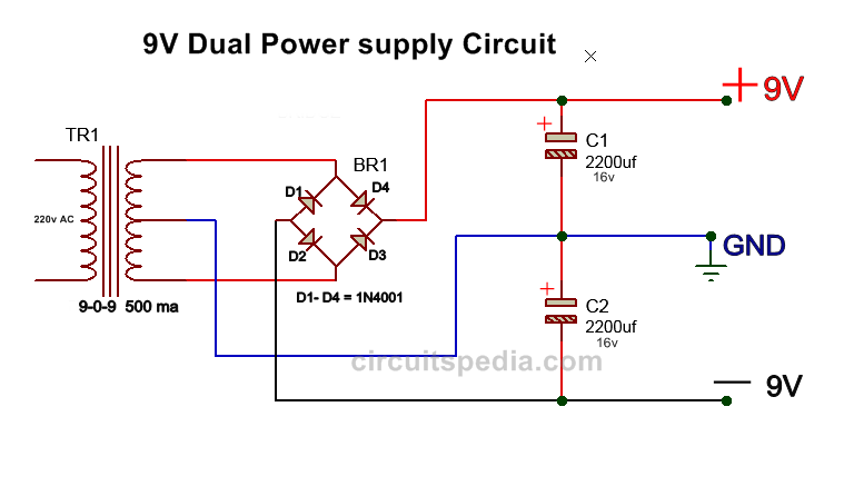 dual power supply circuit diagram 9v for audio circuit