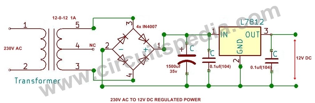 220v AC to 12 DC Regulated Converter circuit diagram using Bridge Rectifier