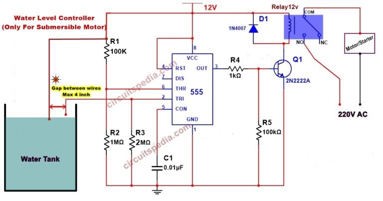 Automatic Water Pump Controller For Submersible Motor Using 555