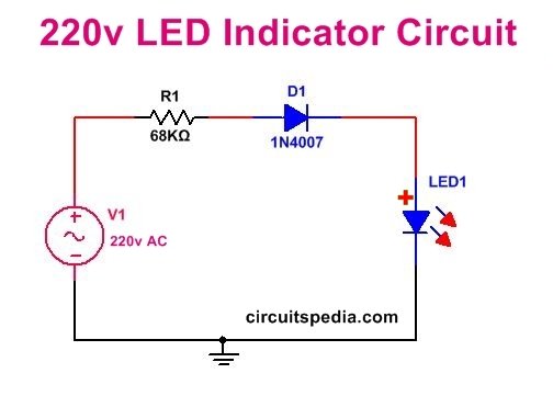 LED Power Indicator Circuit For 230v 240v AC Mains