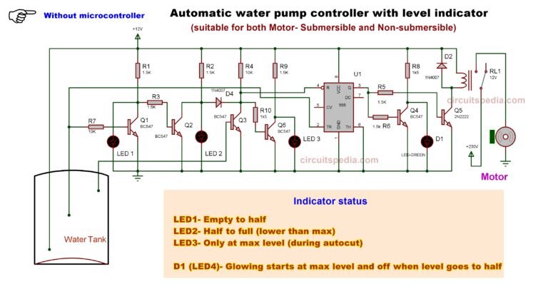 Automatic Water Pump Controller Circuit With Level Indicator