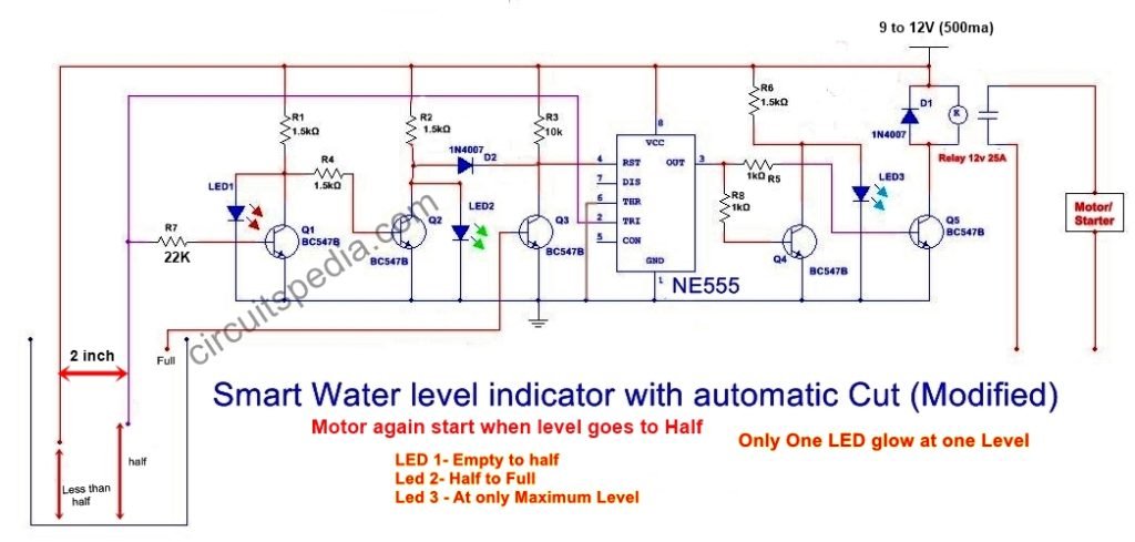 Automatic Water Pump Controller Circuit With Level Indicator