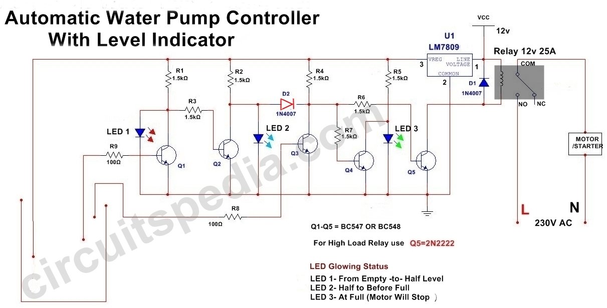 Automatic Water Pump Controller Circuit With Indicator