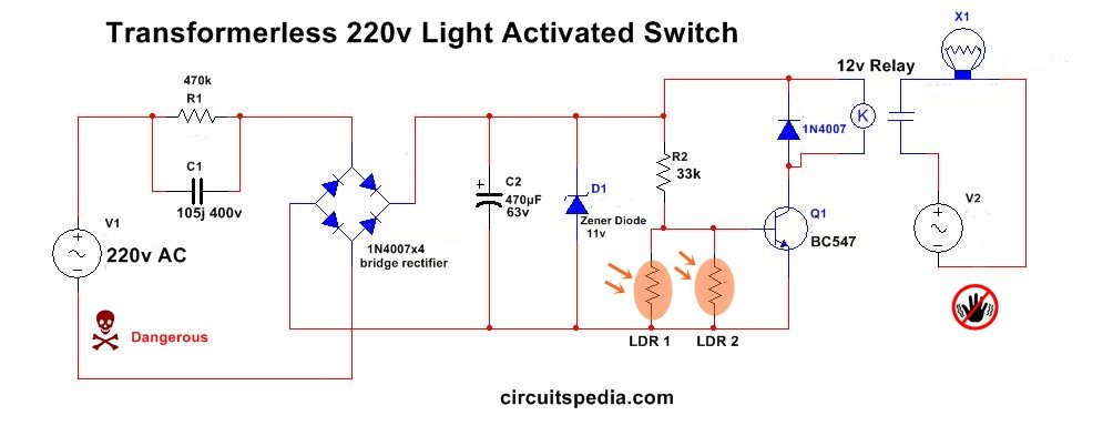 Automatic Night Light Circuit Diagram With LDR Without Transformer - circuitspedia