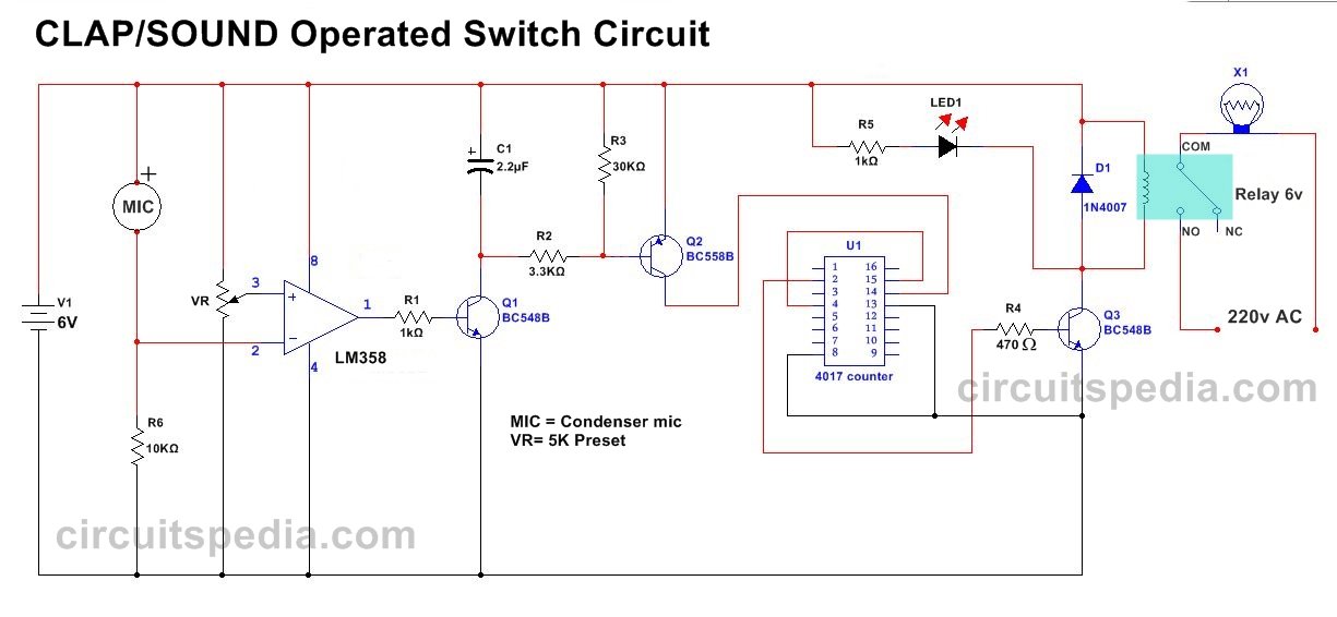 clap on/off switch circuit, clap switch using cd4017