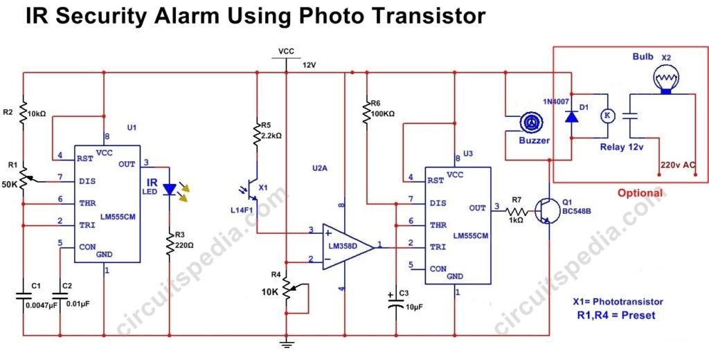 Infrared Door Security Alarm circuit diagram