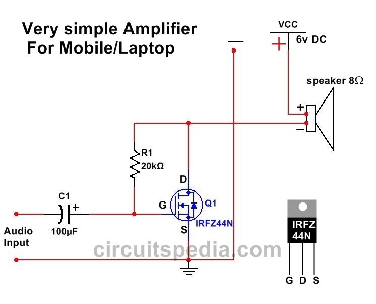Very simple Audio Amplifier circuit Diagram For Mobile/Laptop