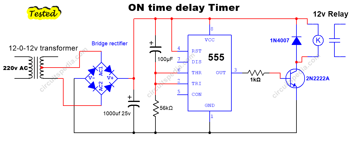 On Delay Timer Circuit Switch On Delay Timer Using 555