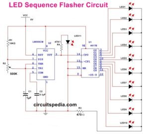 LED Flasher Using 4017 | 10 LED Sequencer Chaser Circuit