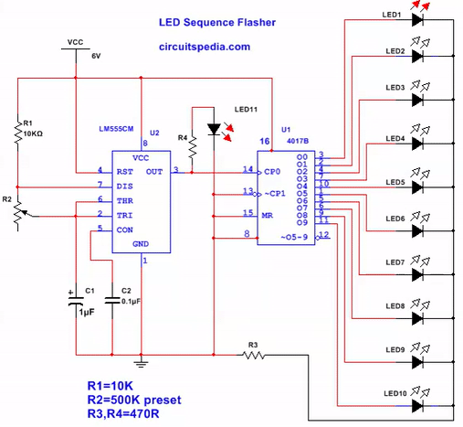 LED flasher sequencer chaser using 4017