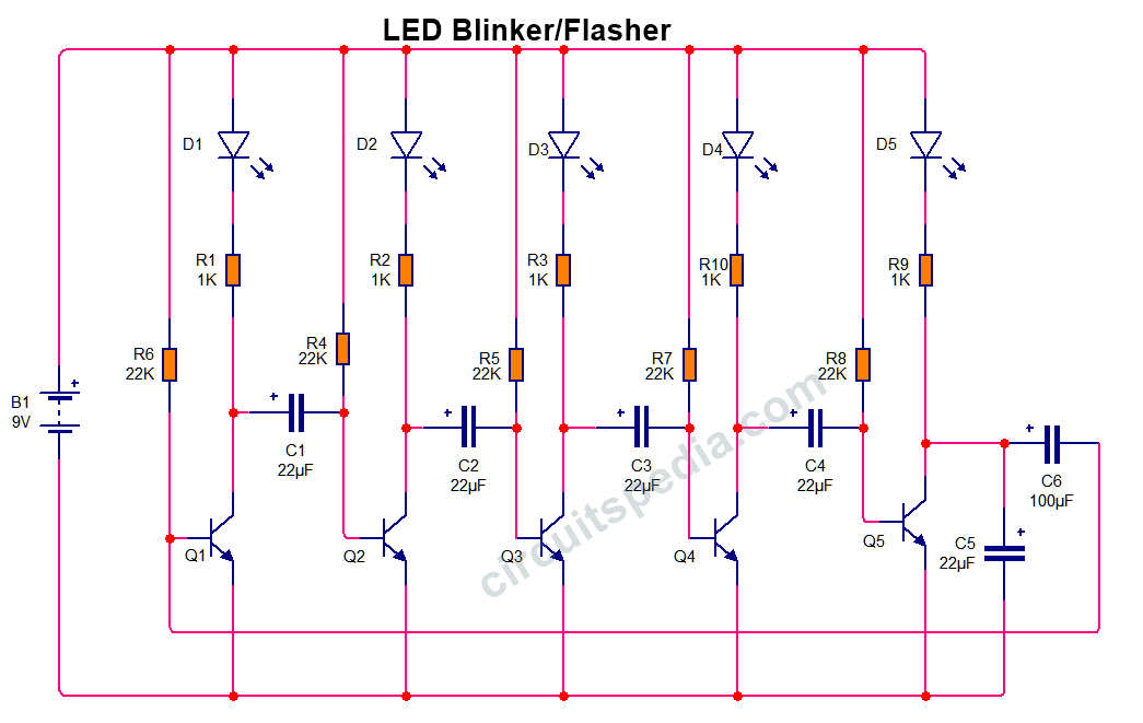 5 LED Blinking Chaser Flasher Running Circuit using Transistor
