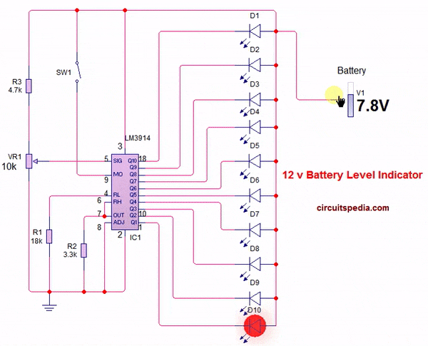 12v battery level indicator circuit gif
