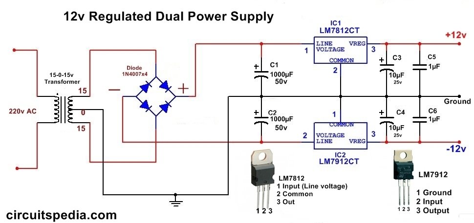 12 Vdc Dual Power Supply circuit with IC 7812 7912 