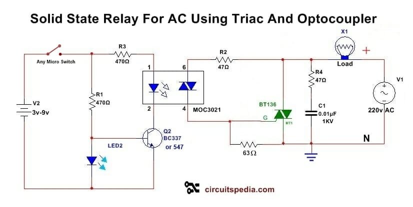 Solid state Relay Circuit Diagram, Solid State Relay Circuit using Triac