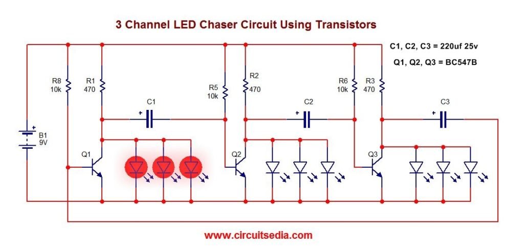 3 led flasher circuit using transistors