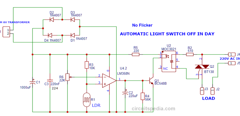 ldr circuit diagram, LDR sensor circuit, darkness circuit using comparator