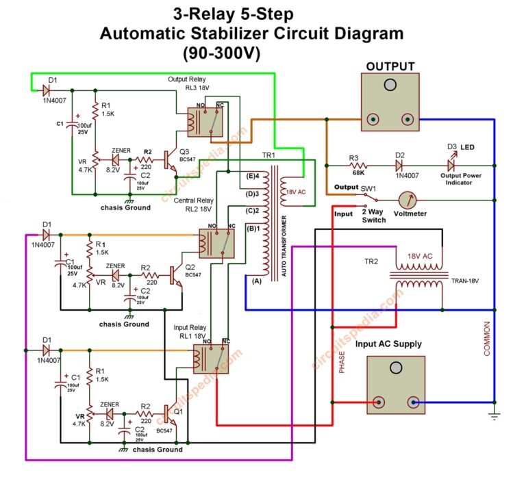 3 Relay Voltage Stabilizer Circuit Diagram