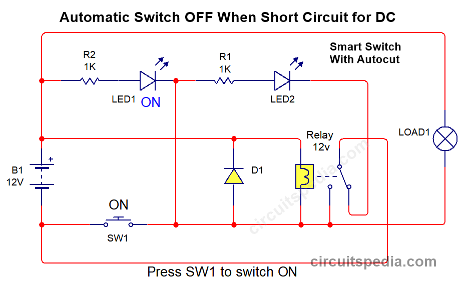 Auto cut relay switch circuit for DC, Automatic switch off for dc short