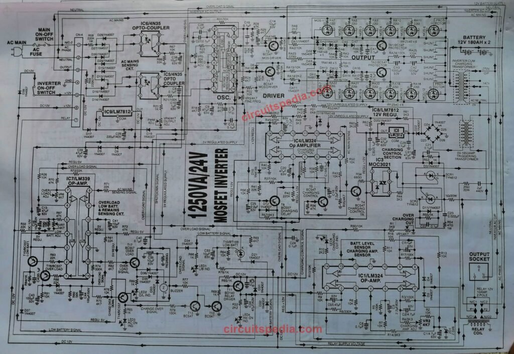 High Power 1250VA/12v MOSFET Inverter Circuit With Charger Circuit Diagram