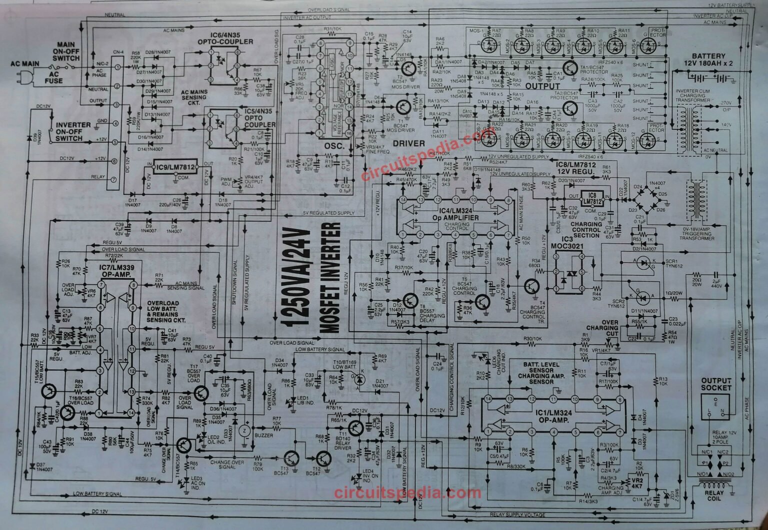 High Power 1250va 12v Mosfet Inverter Circuit With Charger Circuit Diagram