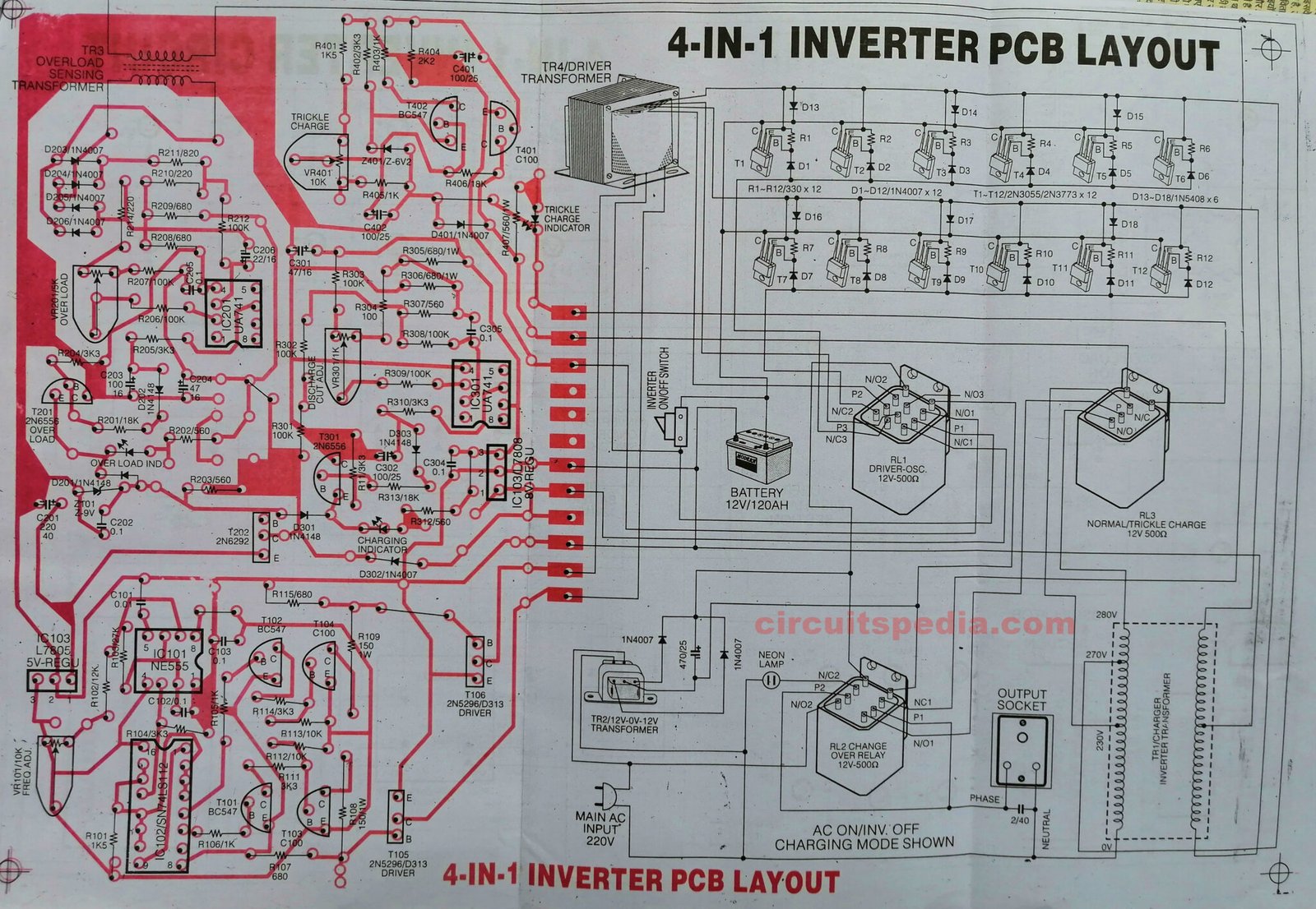 12V DC To 220V AC Inverter With Battery Charger Circuit Diagram