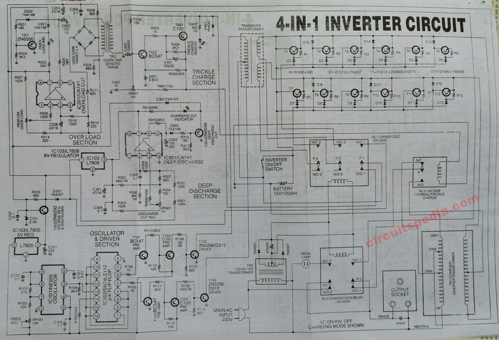12V DC To 220V AC Inverter With Battery Charger Circuit Diagram