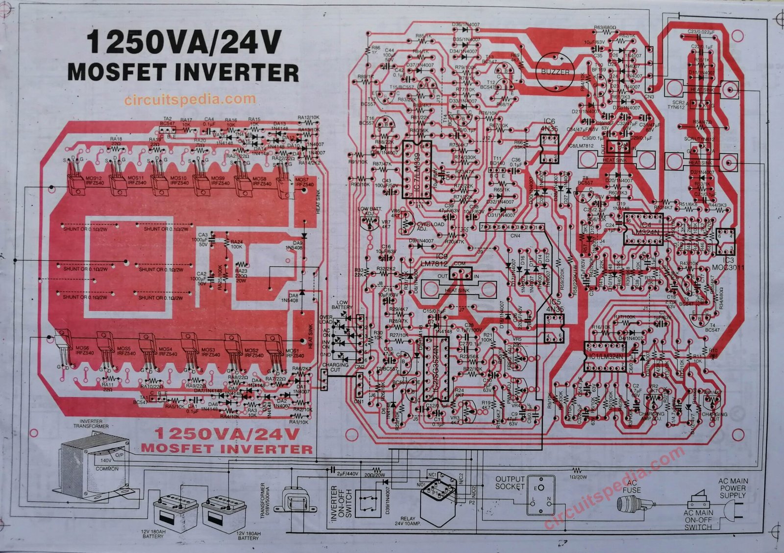 High Power 1250VA/12v MOSFET Inverter Circuit With Charger Circuit Diagram