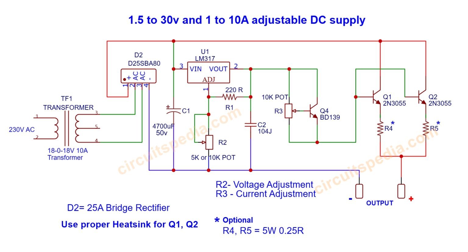 1.5-30V 0-10A Regulated Variable DC Power Supply Circuit